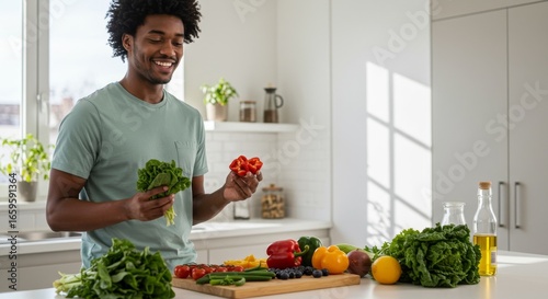 Happy African American Man Preparing a Fresh Plant-Based Meal in a Bright Modern Kitchen, Emphasizing Healthy Eating and Wellness