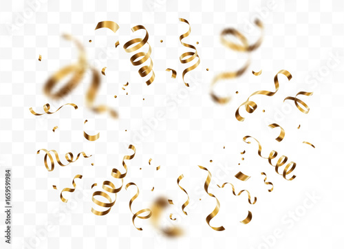 Gold confetti, serpentine ribbons vector background. Explosion, golden burst. Copy space at the center. Festive illustration for gift, holiday, birthday celebration design