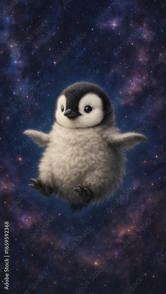 Fototapeta premium Adorable penguin floating galaxy
