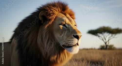 Majestic Lion King of the African Savannah at Sunset