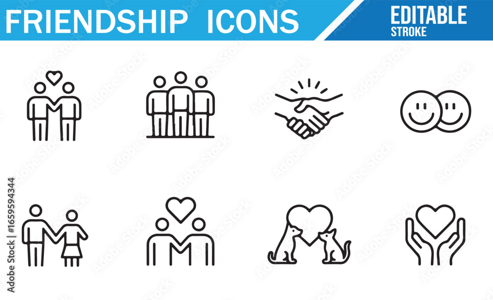 Fototapeta premium Set of friendship-related icons, including handshake, smiley faces, pets, and people forming connections, perfect for designs related to relationships, social bonds, and friendship themes.