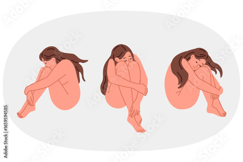 Depression and apathy in girl sitting without clothes and experiencing stress caused by breaking with boyfriend. Suffering from apathy in defenseless woman with mental health problems