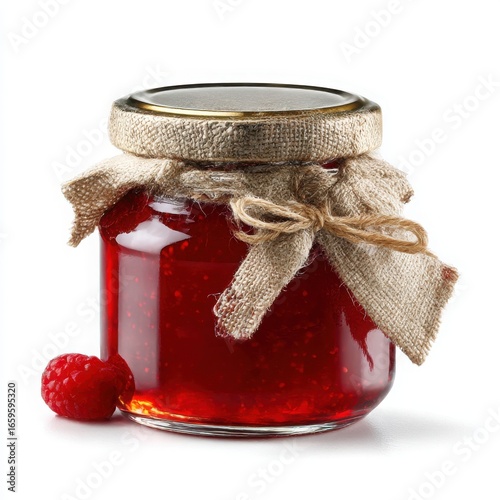 Glass jar filled with red jam and a raspberry isolated on white background