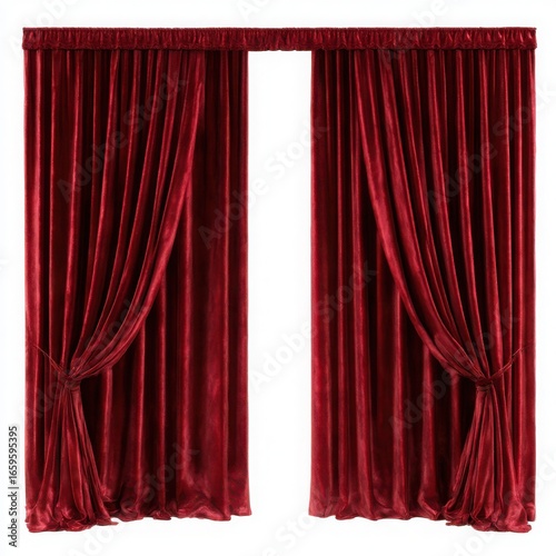Rich red velvet drapes tied back with pleats isolated on white background