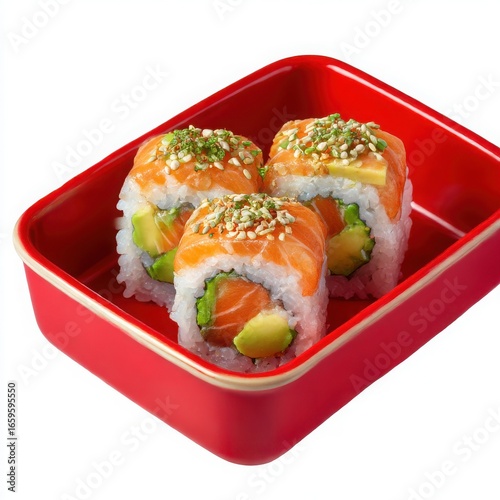 Three delicious salmon avocado sushi rolls in a red dish isolated on white background