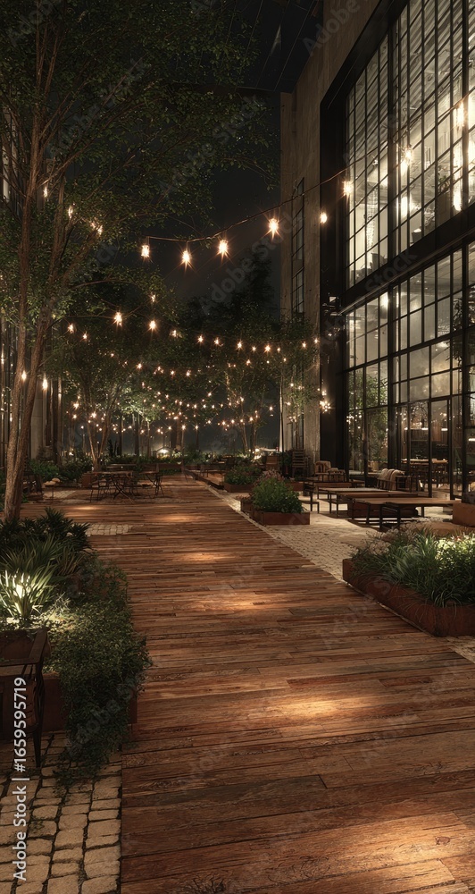Obraz premium Urban rooftop patio at night, lit by string lights