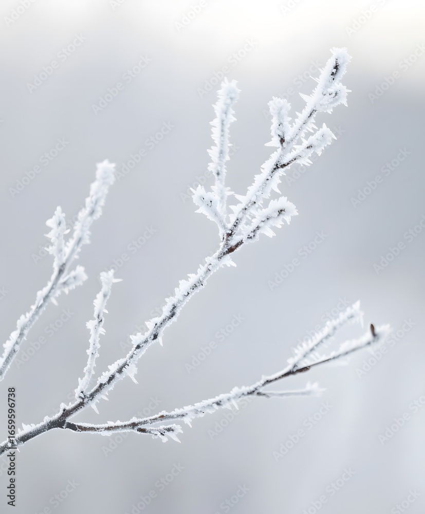 Obraz premium Serene Winter Branch: Frost-Covered Twig, Minimalist White Background, Cold Season Nature Photography