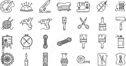 Arts and crafts tools icon set with painting, sewing, knitting, cutting, decorative patterns, and creative DIY materials in vector design