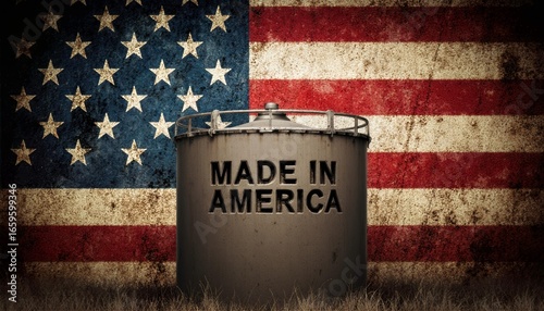 Industrial Metal Tank with Made in America Text and Vintage Flag Backdrop