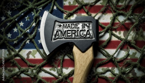 Military Axe with Made in America Engraving and Camouflage Flag Background