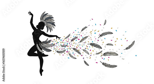 Dynamic silhouette of a vibrant carnival dancer adorned with feathers, radiating joy and celebration in a festive dance.