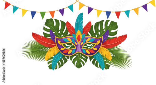 Vibrant Carnival Mask and Festive Decorations A Colorful Celebration in Vector Illustration