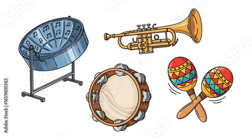 Vibrant Caribbean Music Instruments Pan, Trumpet, Tambourine, and Maracas