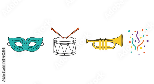 Carnival Party Icons Mask, Drum, Trumpet, Confetti