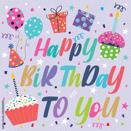 Colorful Happy Birthday Greeting Card with Balloons, Cupcakes, and Gifts