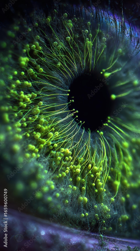 Obraz premium Extreme close-up of human eye with vibrant green and yellow patterns across iris for abstract art and medical research 