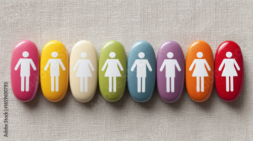 Diversity in people and representation, colorful icons on a linen background signifying inclusion. Standing figures in a row convey equality.