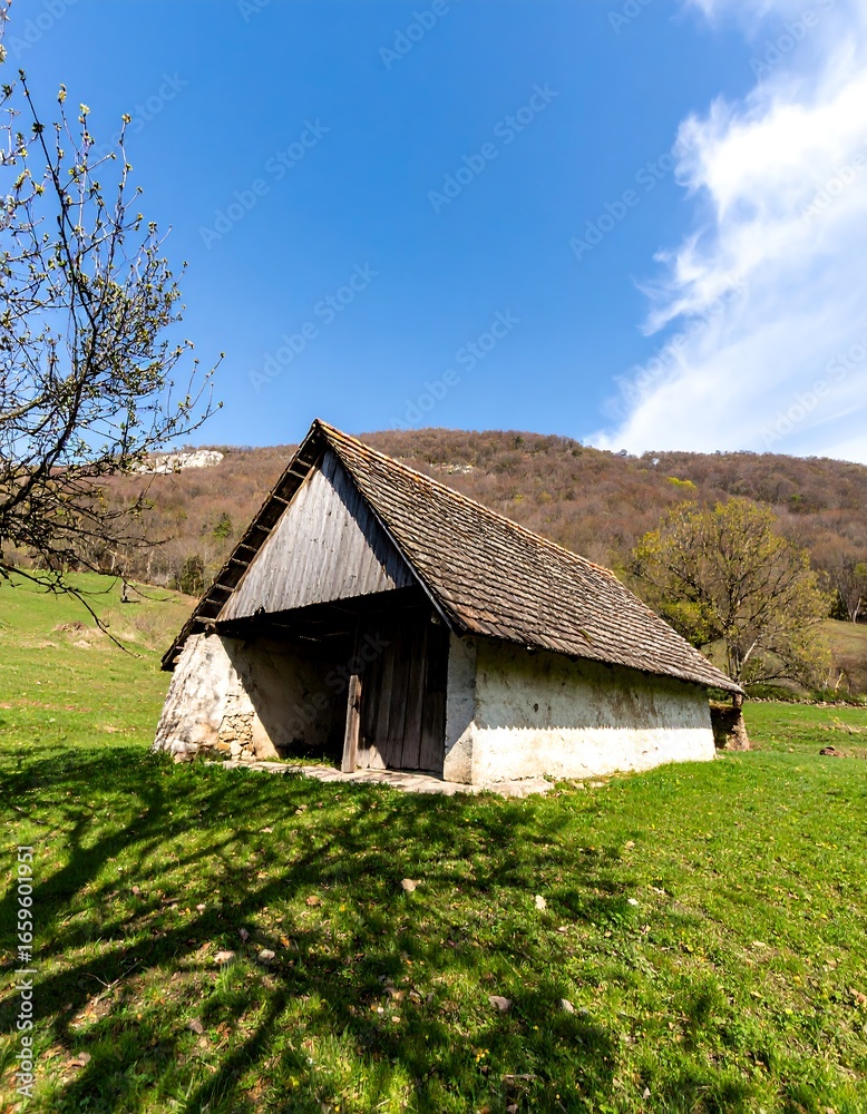 Fototapeta premium Rustic barn in a sunlit meadow