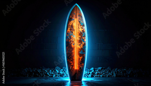 Glowing surfboard with neon blue lighting effect