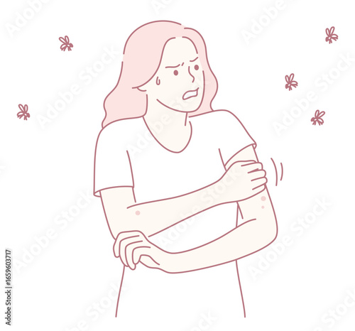 An illustrated depiction of a woman who is experiencing skin irritation or itchiness on her arm and feels discomfort