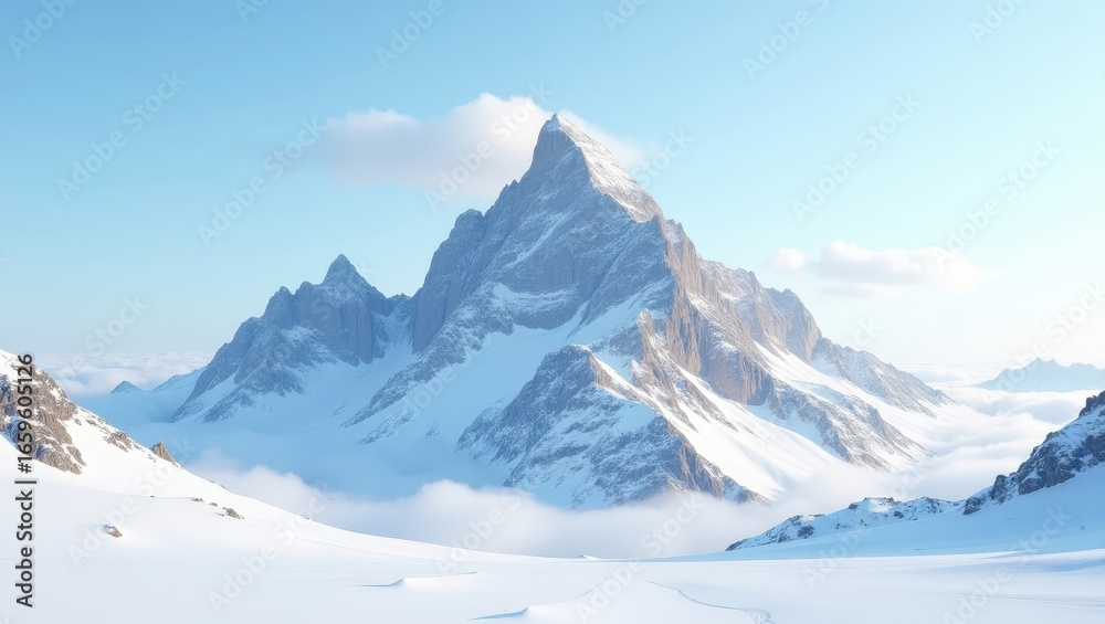 Fototapeta premium A vast, snow-covered mountain range rises majestically into a serene, light-blue sky, its peaks piercing the clouds.