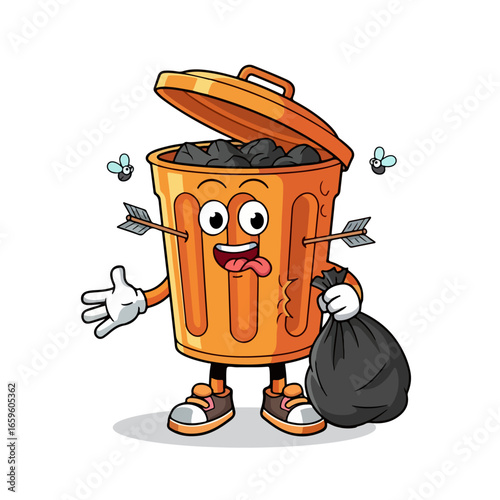 Cartoon mascot trash can with garbage vector illustration
