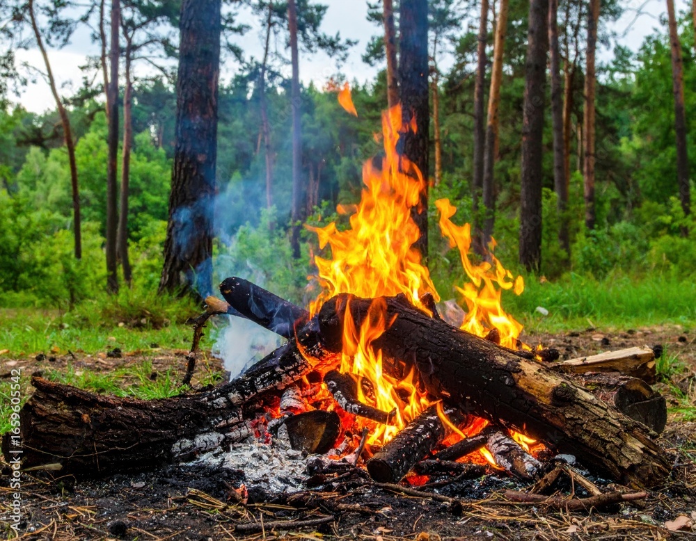 A vibrant campfire crackles among green trees, casting warmth and light in a serene forest setting. A vibrant campfire crackles among green trees, casting warmth and light in a serene forest setting.