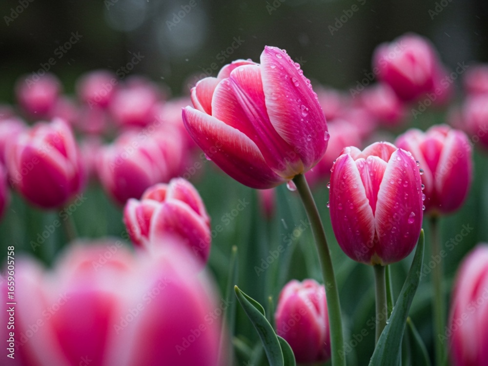 Fototapeta premium Vibrant Action of Blooming Pink Tulips in Nature's Landscape, Photographic Close-Up Shot