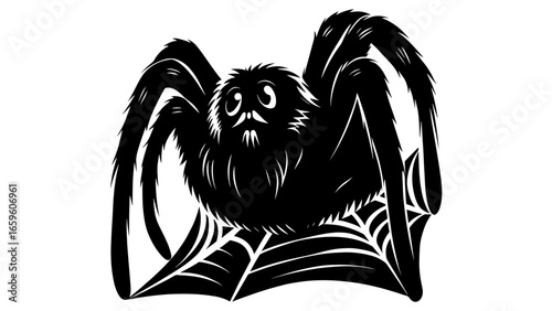 Furry cartoon spider with large eyes sitting on a web – Emotional vulnerability, Whimsical character, Expressive illustration, animal, emotion, cartoon, storytelling