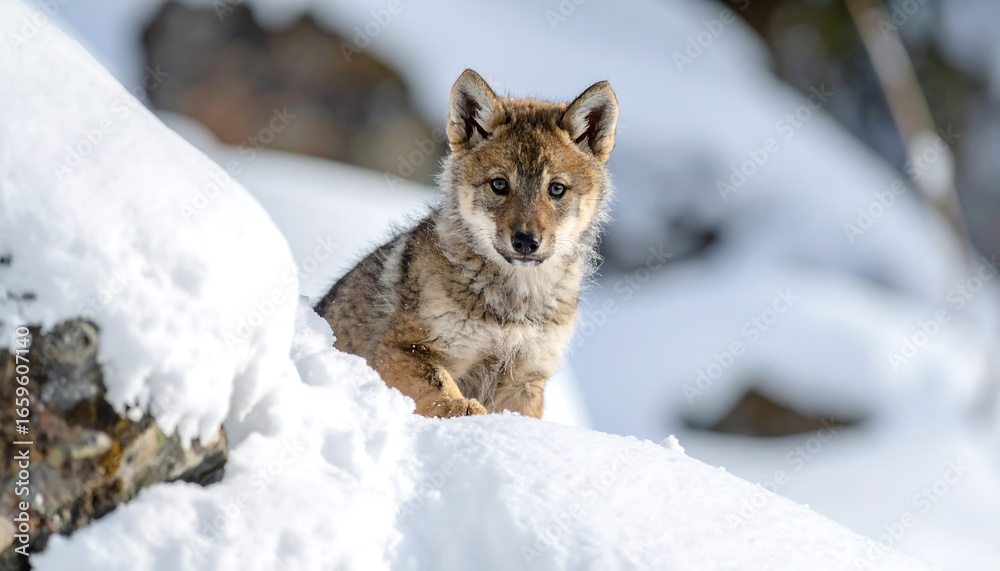 Fototapeta premium Young wolf in snowy landscape