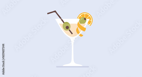 A stylized vector illustration of a classic martini cocktail with olive and orange garnish.