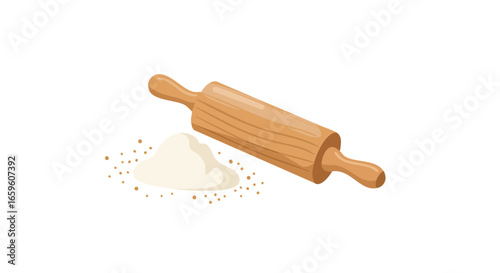 A classic wooden rolling pin rests beside a small pile of white flour, isolated on a white background.