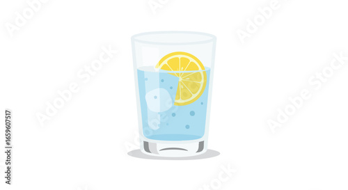 A clear glass of cold, bubbly sparkling water with ice cubes and a fresh lemon slice.