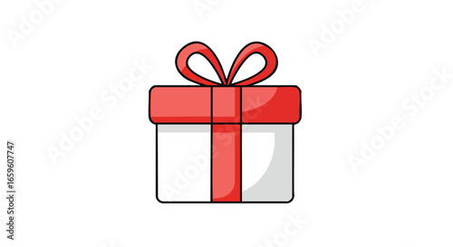 A simple cartoon illustration of a white gift box tied with a bright red ribbon and bow, isolated on a white background.