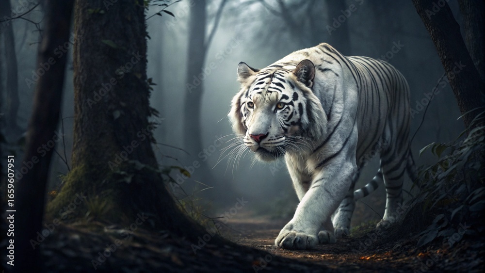 Obraz premium A majestic portrait of a rare white Bengal tiger, its black stripes and rare white fur standing out in the wild