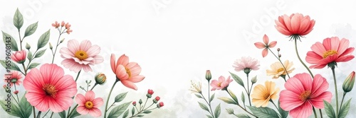 Delicate hand-drawn wildflowers, soft watercolor wash background , blossom, garden