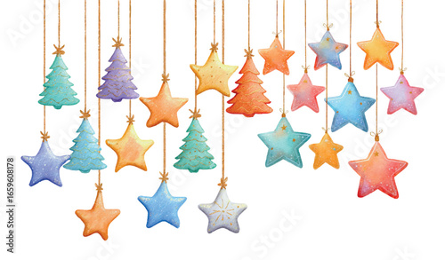Watercolor Christmas decorations in the form of a garland and a Christmas tree. Pastel decor in the form of a Christmas tree and a star hanging on a thread. For Christmas and New Year.