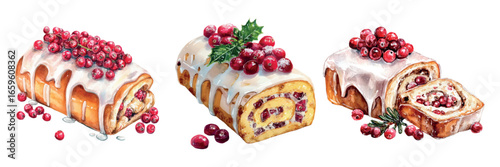 Set of Christmas cakes covered with white icing and decorated with holly berries. Festive Christmas pudding in watercolor. Elements of cooking Christmas traditions and holidays. Vector illustration.