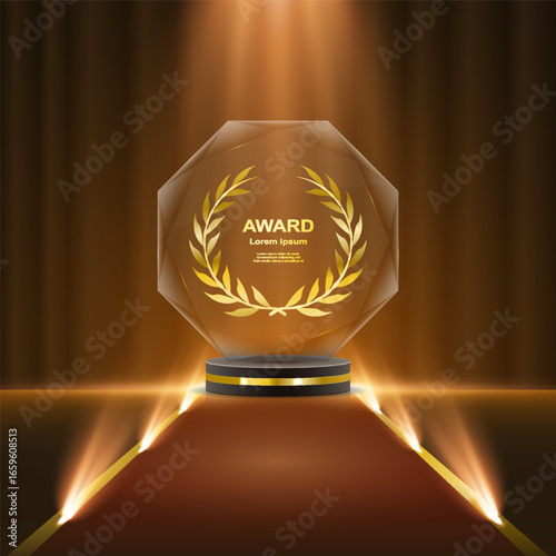 Luxury golden podium with laurel wreath and ribbon. Glittering award stage with shining stars and sparkles on dark background. Vector winner trophy symbol of celebration and achievement.