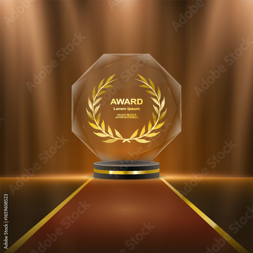Luxury golden podium with laurel wreath and ribbon. Glittering award stage with shining stars and sparkles on dark background. Vector winner trophy symbol of celebration and achievement.
