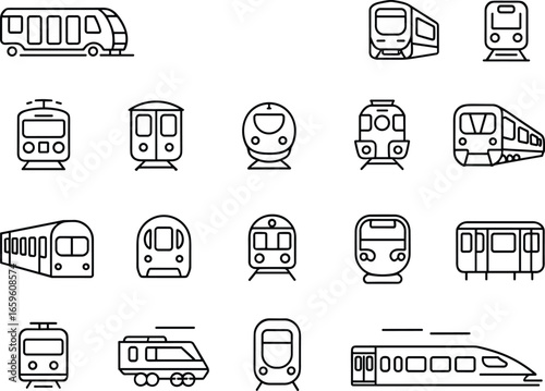 Train icon set, subway, metro, locomotive, tram, monorail, rail transport, public transit, minimal vector design, transportation illustration
