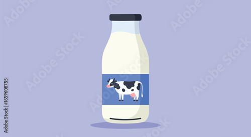 A simple vector illustration of a glass milk bottle with a cow on the label against a plain purple background.