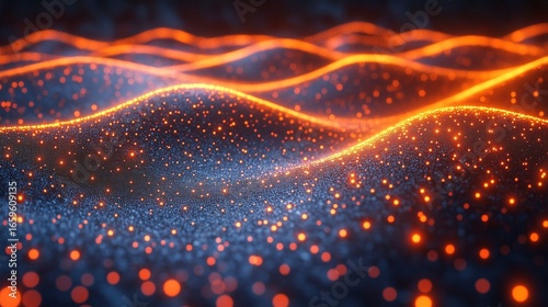 A mesmerizing landscape of glowing orange and blue particles forming undulating waves