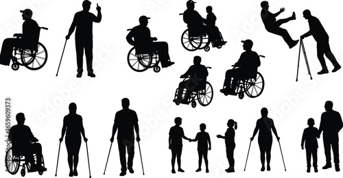 Disabled people silhouette vector, wheelchair users, crutch support, children interaction, rehabilitation, mobility aid, accessibility, inclusion, healthcare, support scene