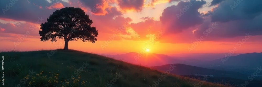 Fototapeta premium Lone tree silhouette atop rolling hill at sunset , branches, trunk