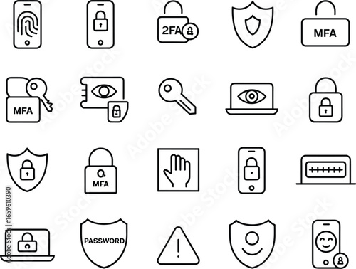 Cyber security icon set, password protection, data safety, MFA, 2FA, biometric access, mobile lock, encryption, identity shield, secure login