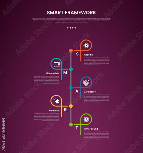 SMART framework infographic template with vertical timeline style with line shape creative dark background style with 5 point for slide presentation