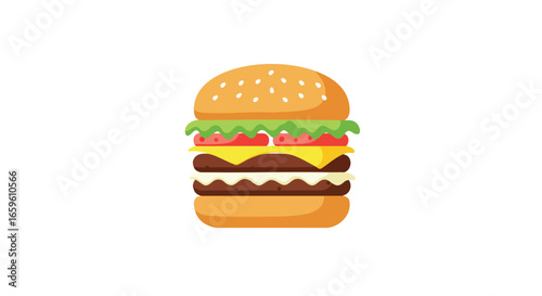 A colorful flat design illustration of a double cheeseburger with lettuce, tomatoes, and cheese on a sesame seed bun.
