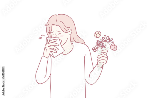 Sick young woman sneeze having allergy to flowers. Unhealthy girl hold floral bouquet feeling allergic to seasonal plants. Healthcare concept. Flat vector illustration.