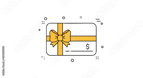 Minimalist line art illustration of a gift card wrapped with a yellow ribbon and bow, featuring a dollar sign.